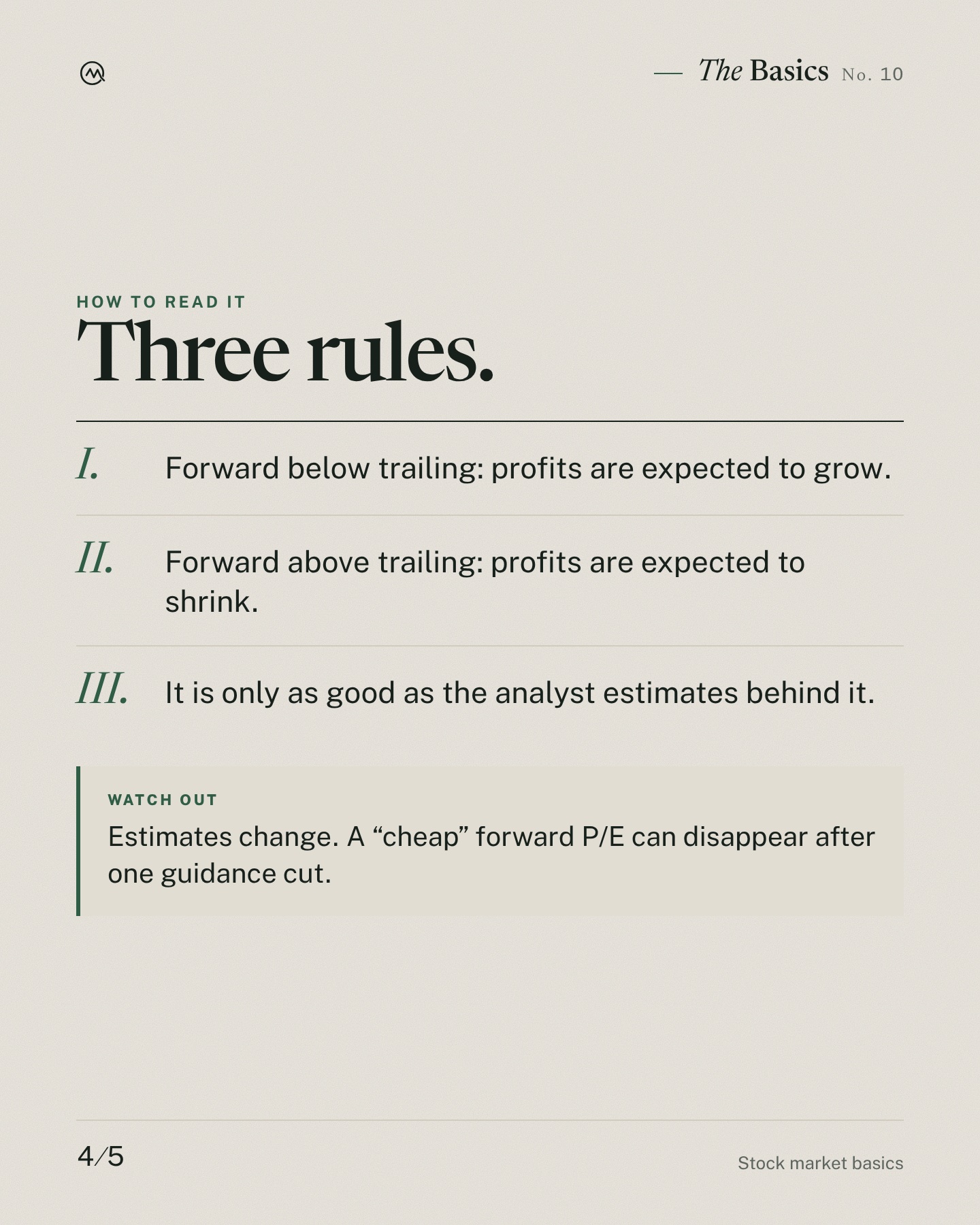 Forward P/E, explained. The P/E based on next year’s expected profits.